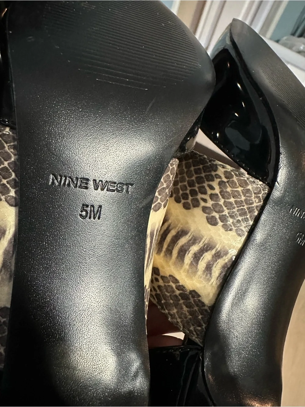 Nine West Black Patent Pointed-Toe Lace-Up Pumps with Snake-Print Panel Accent